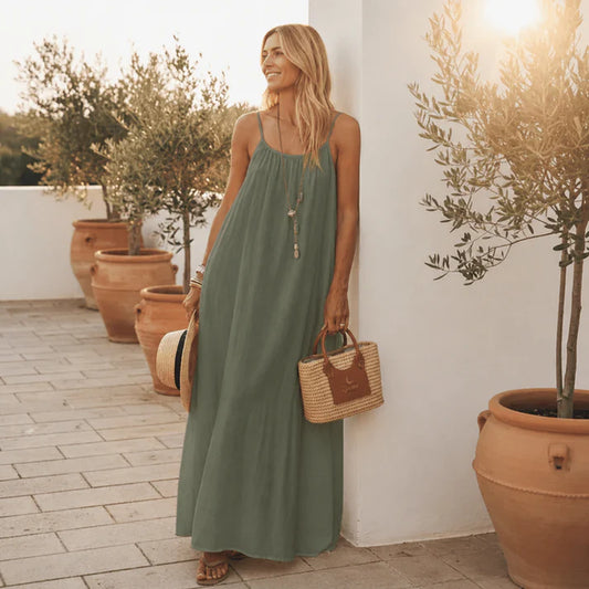 Women's Solid Color Open-Back Maxi Cami Dress – Comfortable, Relaxed Fit – Ideal for Loungewear and Leisure