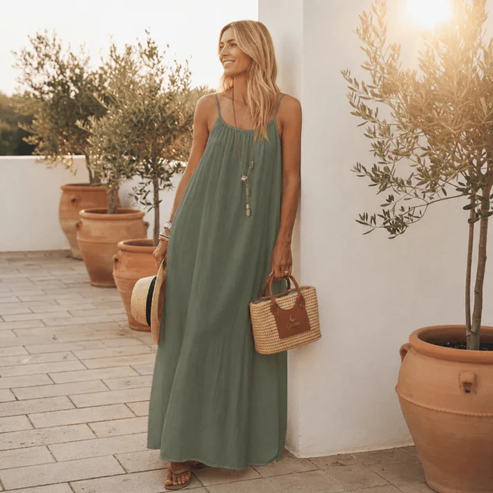 Women's Solid Color Open-Back Maxi Cami Dress – Comfortable, Relaxed Fit – Ideal for Loungewear and Leisure